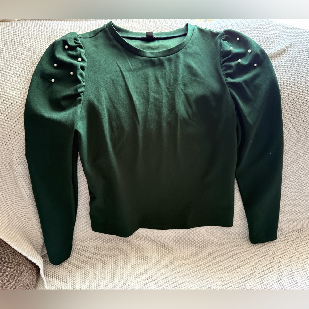 Ann Taylor Dark Green Blouse with Pearl Details